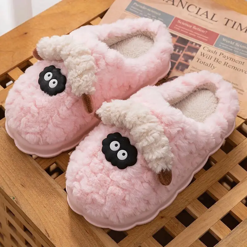 Women's Cotton Slippers for Winter, Plush Sheepskin Indoor Home Slippers for Couples, Furry and Warm Slippers for Men and Women in Autumn and Winter - Image 2