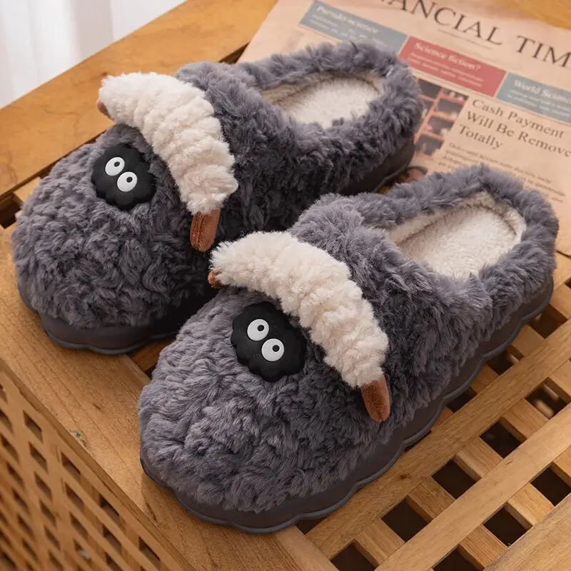 Women's Cotton Slippers for Winter, Plush Sheepskin Indoor Home Slippers for Couples, Furry and Warm Slippers for Men and Women in Autumn and Winter - Image 3