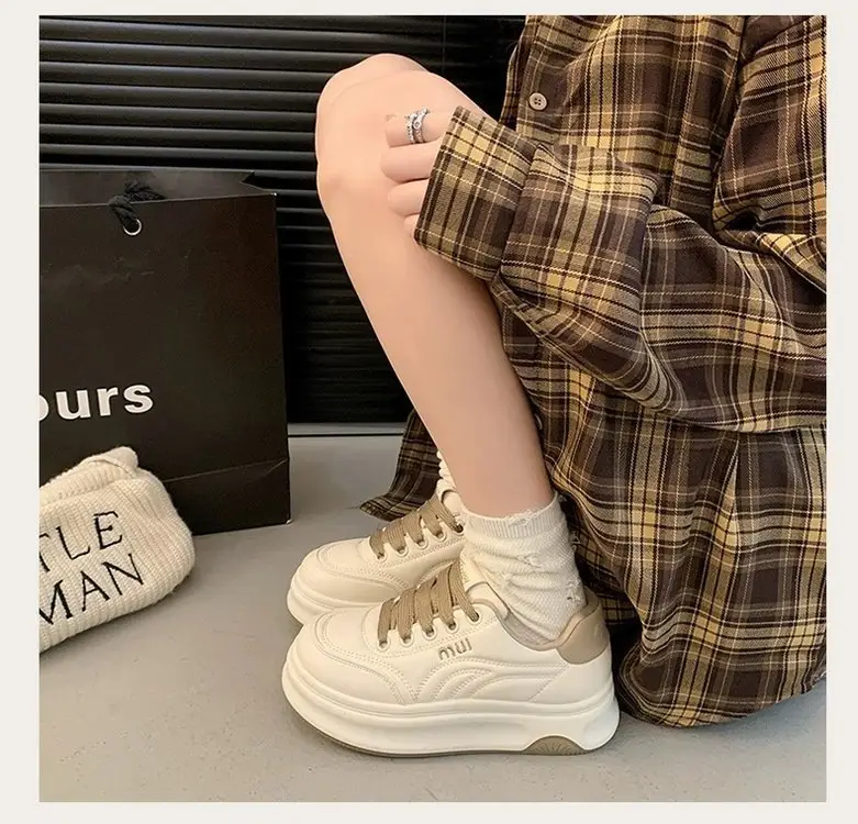Women White Round Toe Leather Sneakers Height-increasing 2025 — feature 14