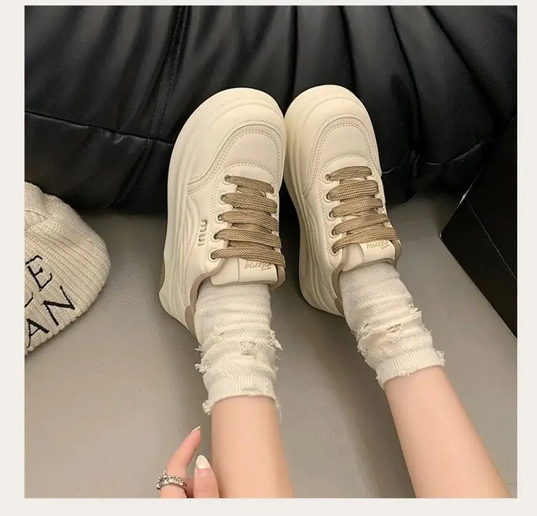 Women White Round Toe Leather Sneakers Height-increasing 2025 — feature 15