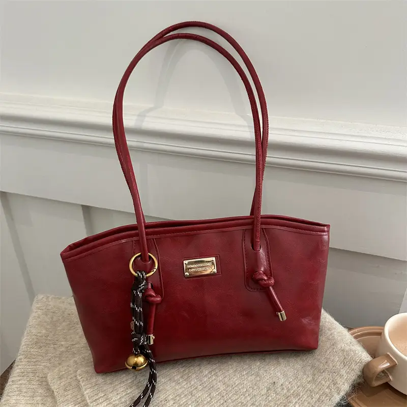 Women's Red Leather Shoulder Bag with Gold Plated Handle - Image 12