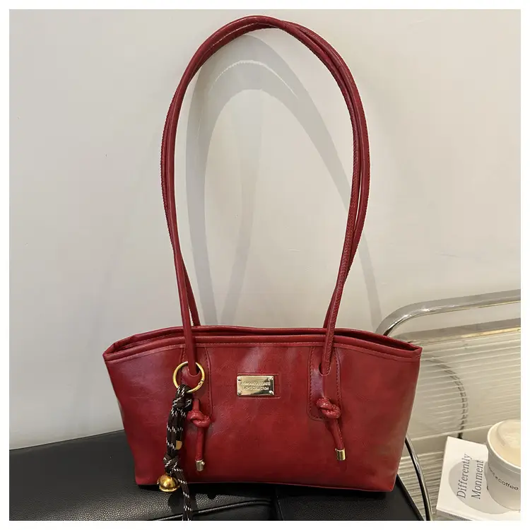 Women's Red Leather Shoulder Bag with Gold Plated Handle — feature 20