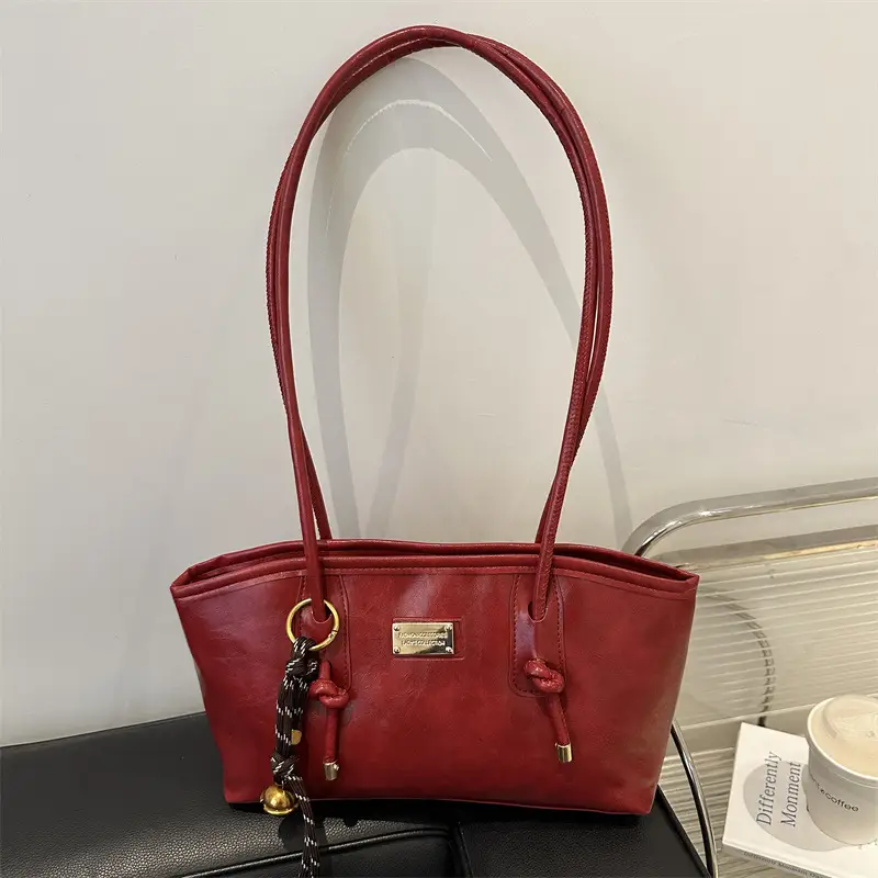 Women's Red Leather Shoulder Bag with Gold Plated Handle - Image 8