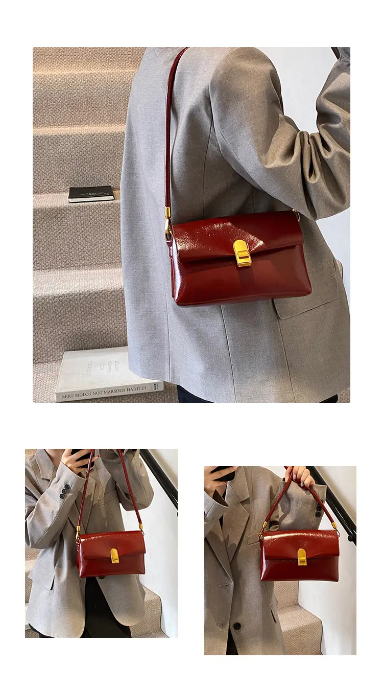 Red Vintage Ladies Shoulder Bag with Gold Plated Clasp — feature 11