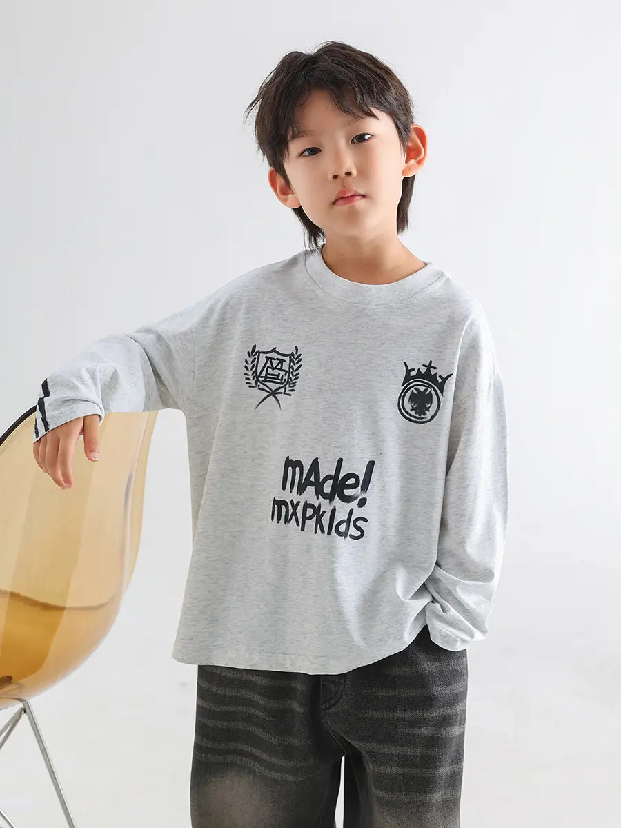 Boys Korean Style Long Sleeve T-Shirt Grey 2026 - Image 3