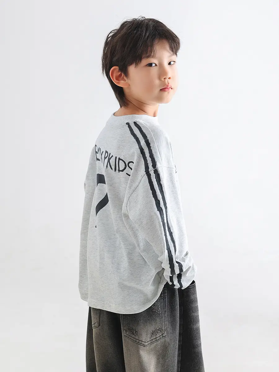 Boys Korean Style Long Sleeve T-Shirt Grey 2026 - Image 4