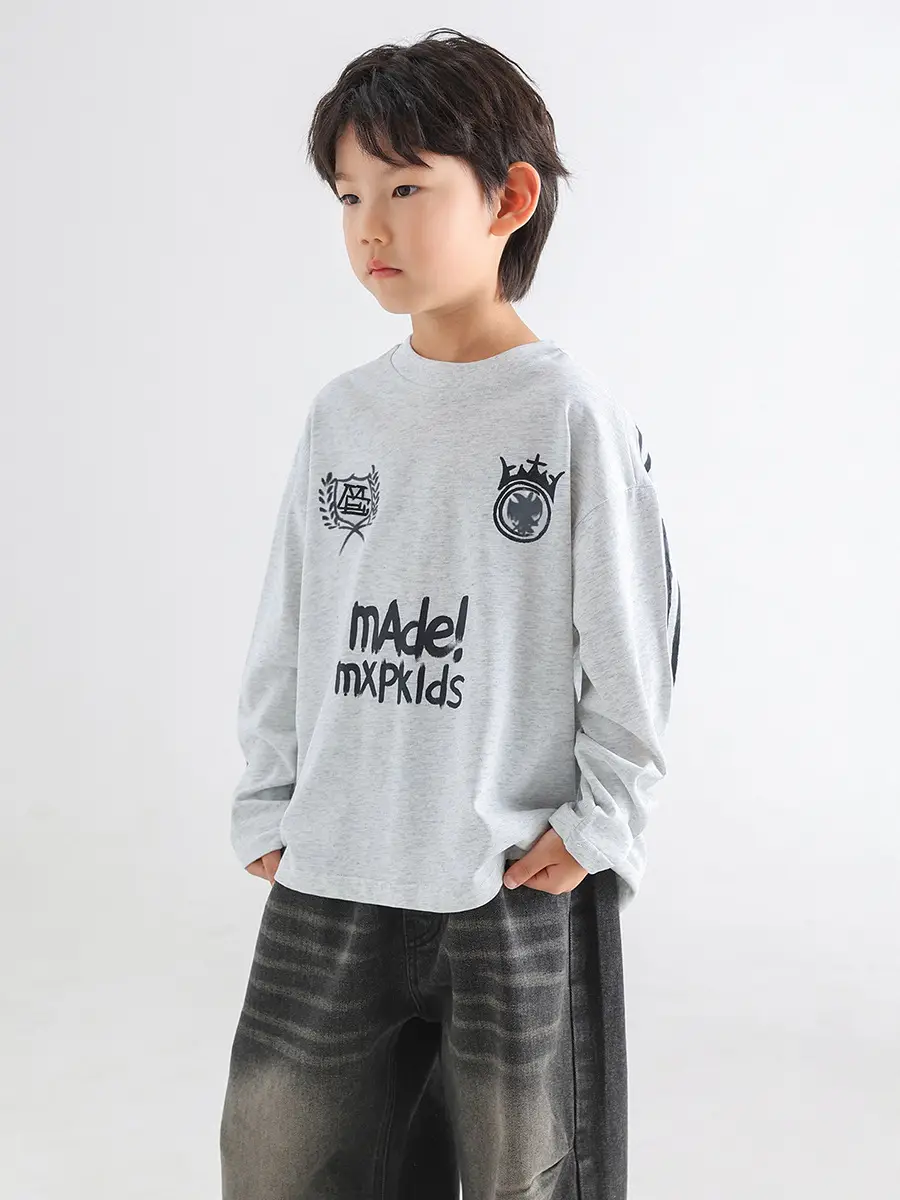 Boys Korean Style Long Sleeve T-Shirt Grey 2026 - Image 6