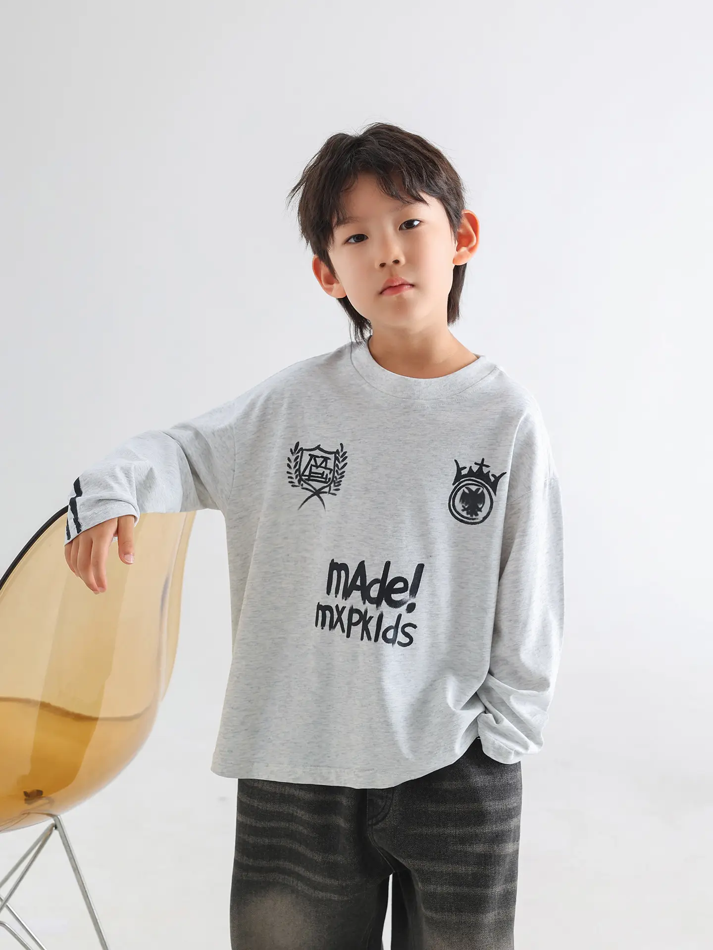 Boys Korean Style Long Sleeve T-Shirt Grey 2026 — feature 13