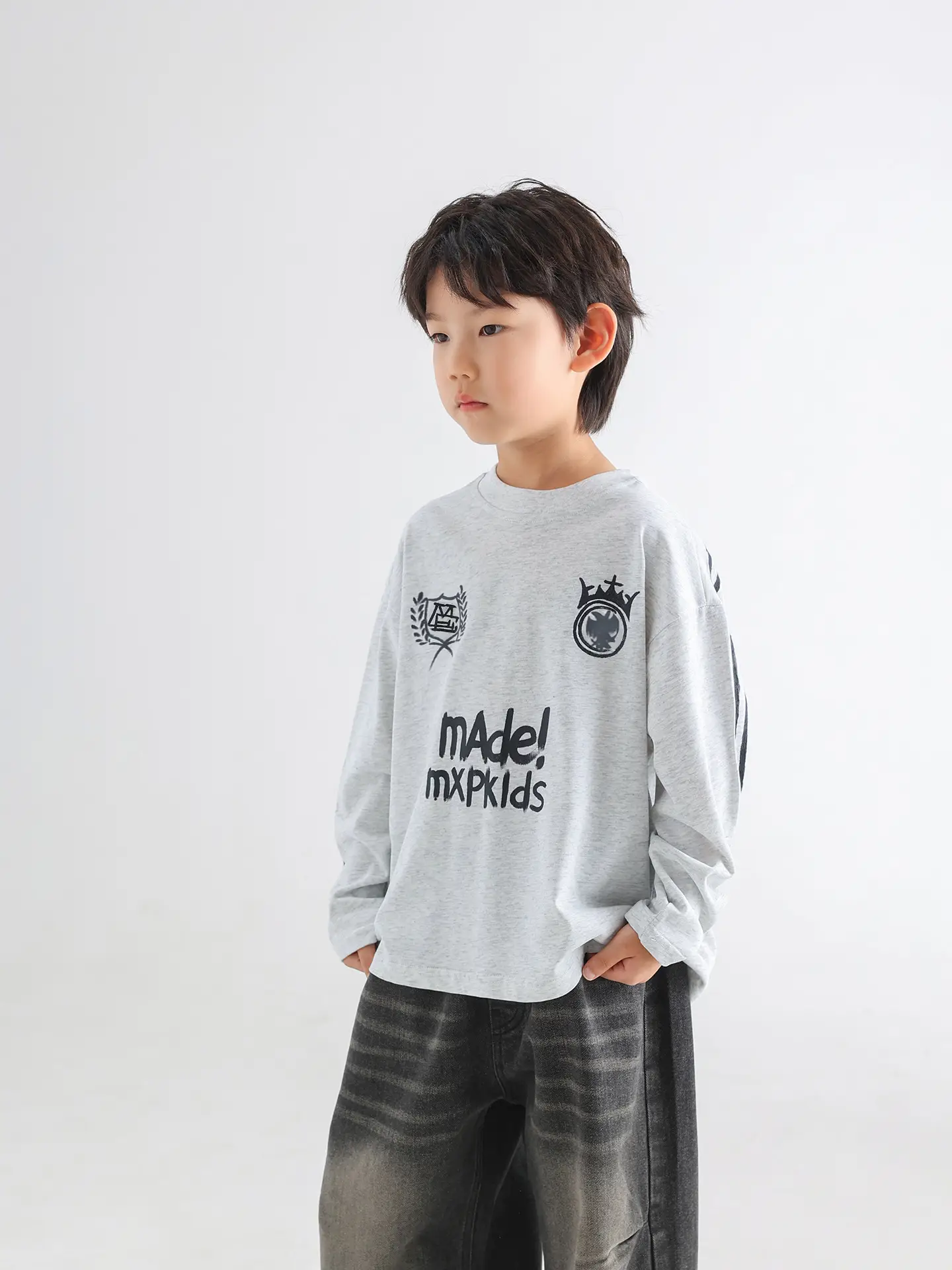 Boys Korean Style Long Sleeve T-Shirt Grey 2026 — feature 15