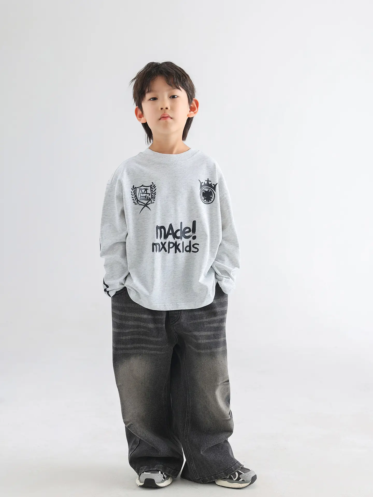 Boys Korean Style Long Sleeve T-Shirt Grey 2026 — feature 17
