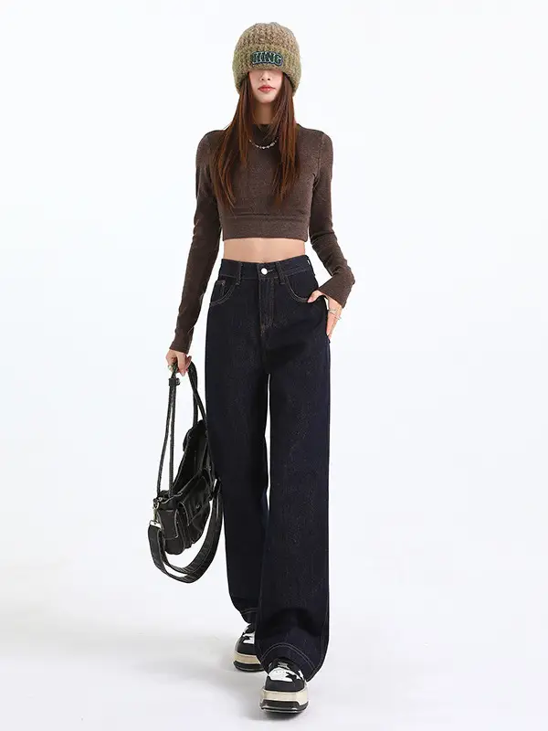Women's Dark Blue Wide Leg Crotch Jeans 2025 Spring