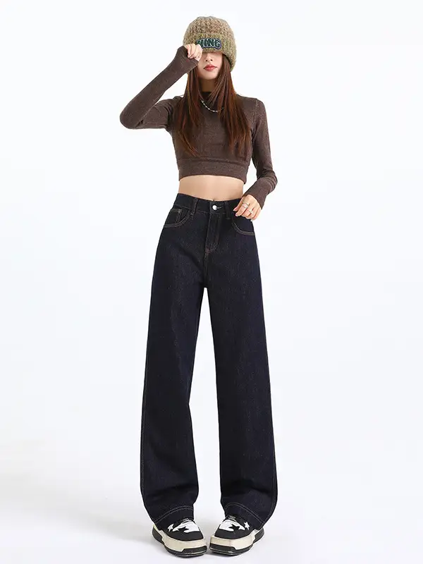 Women's Dark Blue Wide Leg Crotch Jeans 2025 Spring