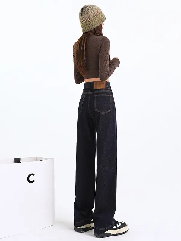 Women's Dark Blue Wide Leg Crotch Jeans 2025 Spring