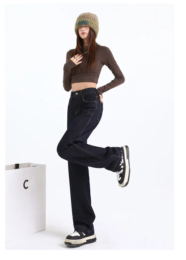 Women's Dark Blue Wide Leg Crotch Jeans 2025 Spring — feature 13