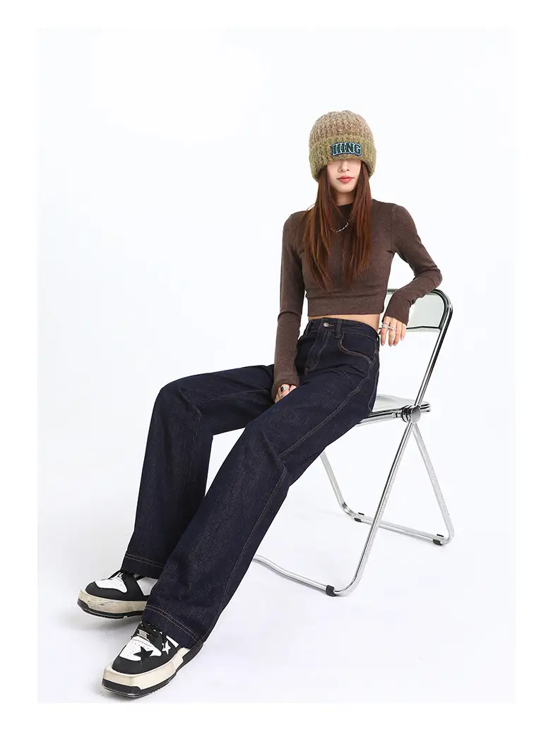 Women's Dark Blue Wide Leg Crotch Jeans 2025 Spring — feature 17