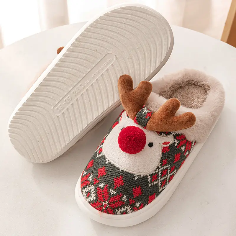 Cross-Border Large Size Cotton Slippers Christmas Gift Reindeer Women's Home Winter Warm Furry Slippers Men's Cotton Shoes - Image 9