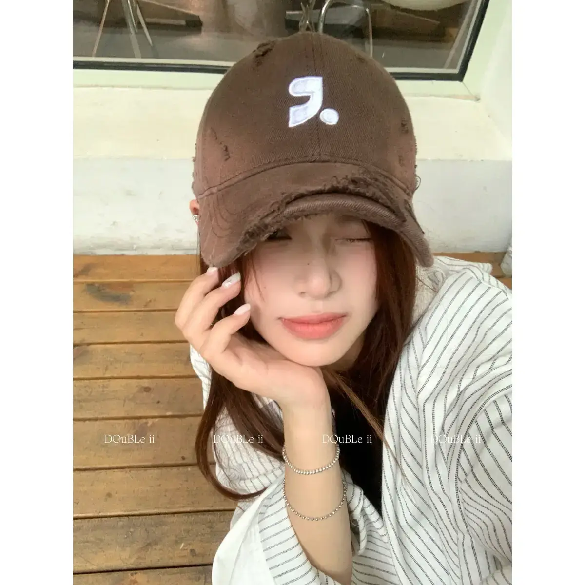 Double II Hooded Baseball Hat Brown Ripped - Image 7
