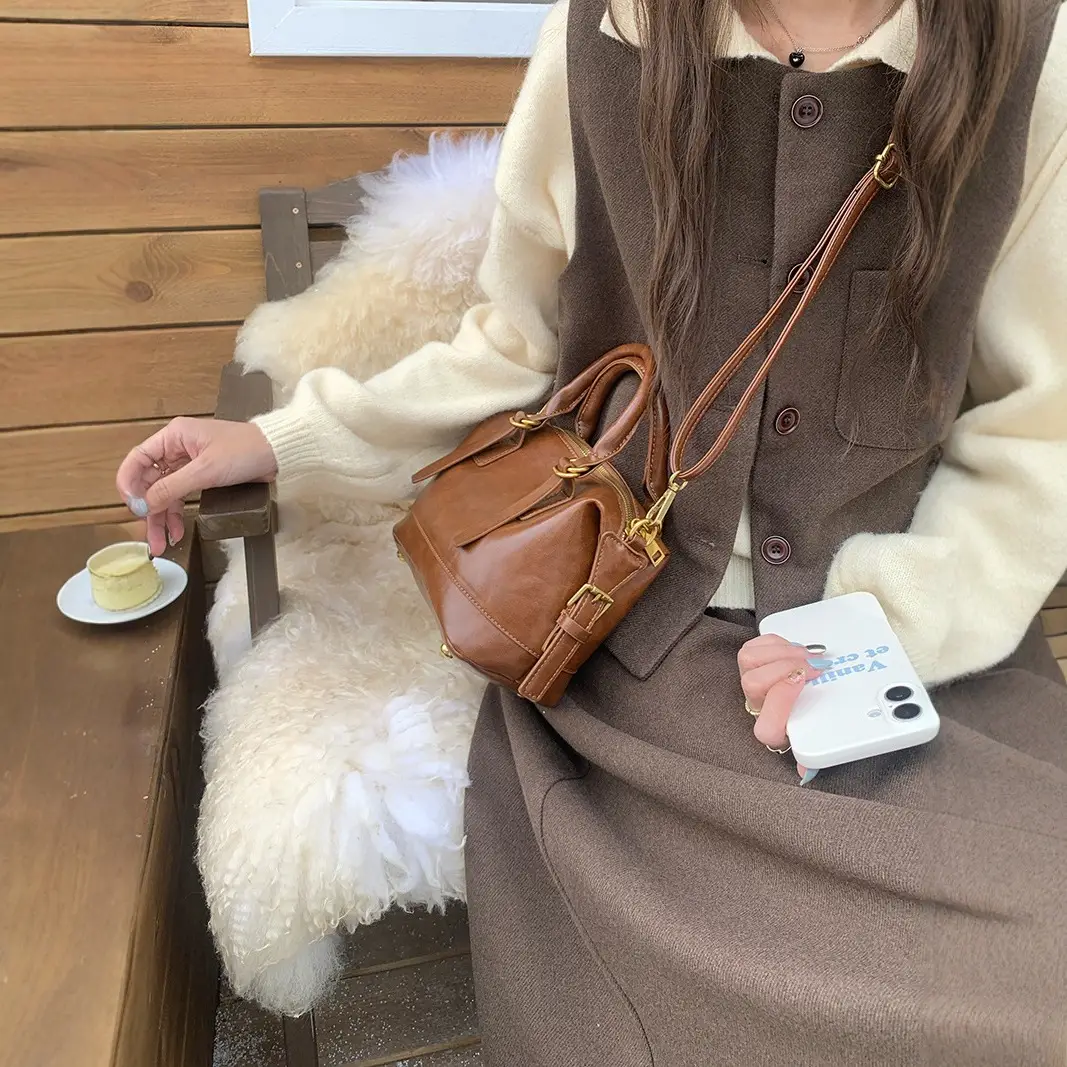 Women Retro Brown Bowling Bag Shoulder Crossbody 2026 - Image 7