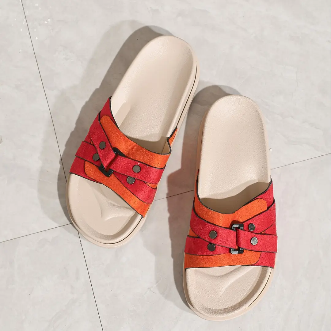 Slip-on Slippers for Home and Outer Wear Red Fabric Decorative Flat Shoes Comfortable Simple Double-Layer White Flat Slippers - Image 4