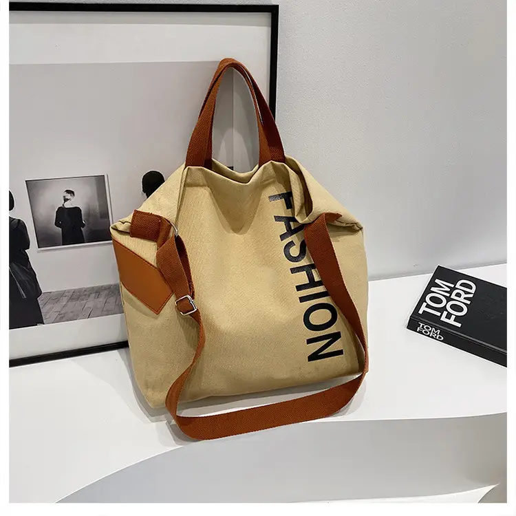 Women Japanese Canvas Tote Bag Large Capacity Black Brown - Image 3