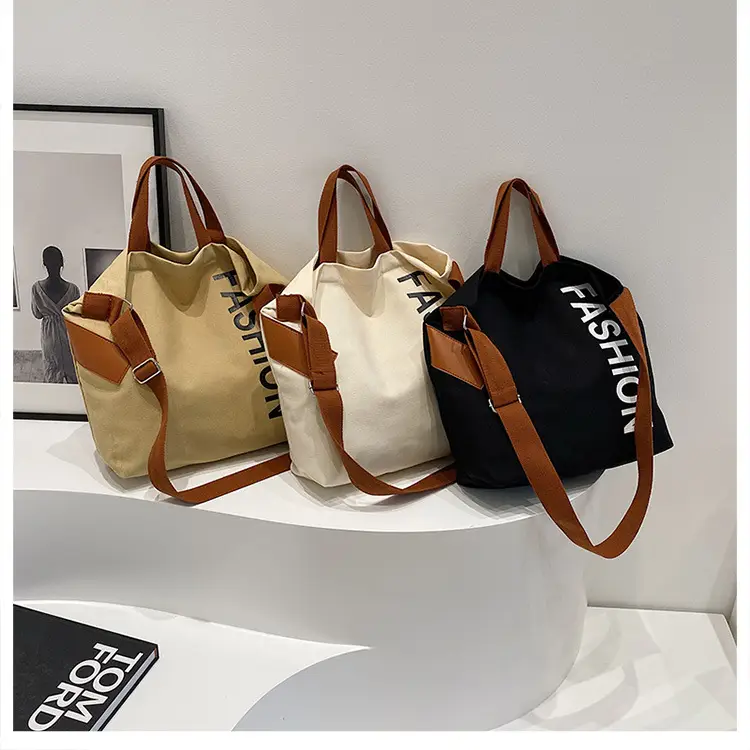Women Japanese Canvas Tote Bag Large Capacity Black Brown - Image 4