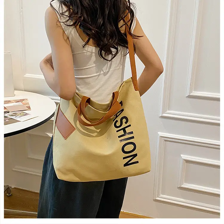 Women Japanese Canvas Tote Bag Large Capacity Black Brown - Image 5
