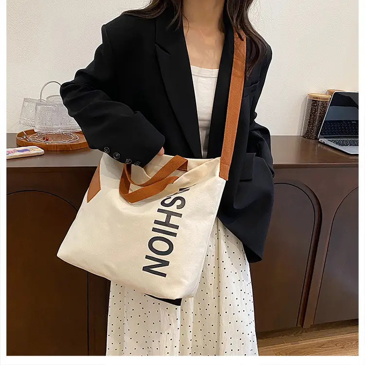 Women Japanese Canvas Tote Bag Large Capacity Black Brown - Image 6