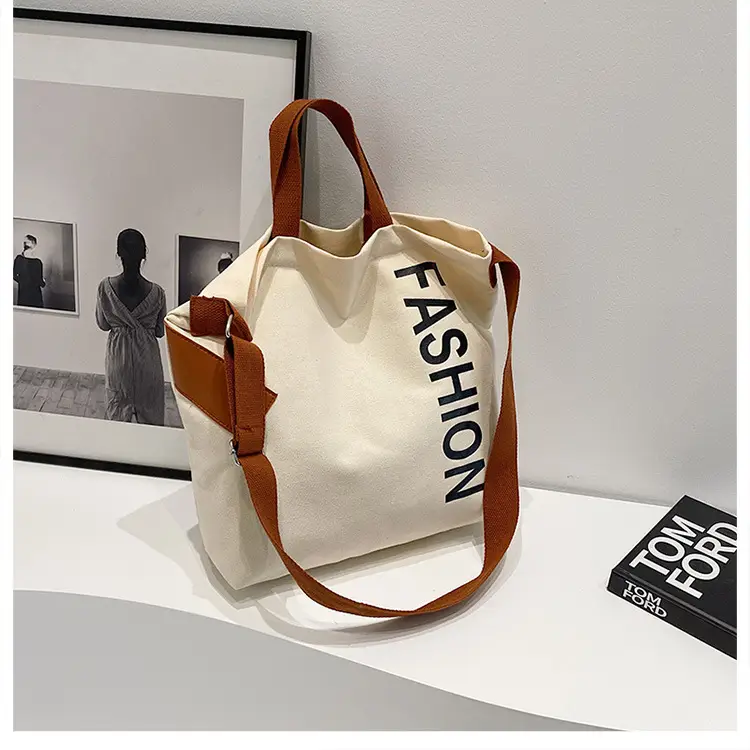 Women Japanese Canvas Tote Bag Large Capacity Black Brown - Image 2