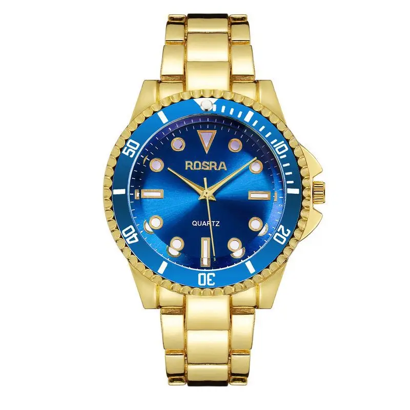 ROSRA Oversized Gold Blue Stainless Steel Men's Watch