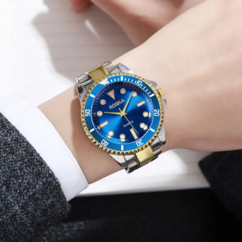 ROSRA Oversized Gold Blue Stainless Steel Men's Watch