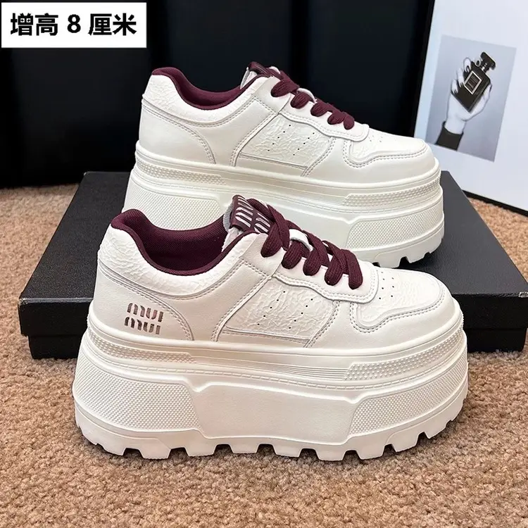 8cm Height-increasing Thick-soled Shoes Leather White Shoes Women's 2025 Spring New All-match Platform Shoes Casual Comfortable Board Shoes - Image 2