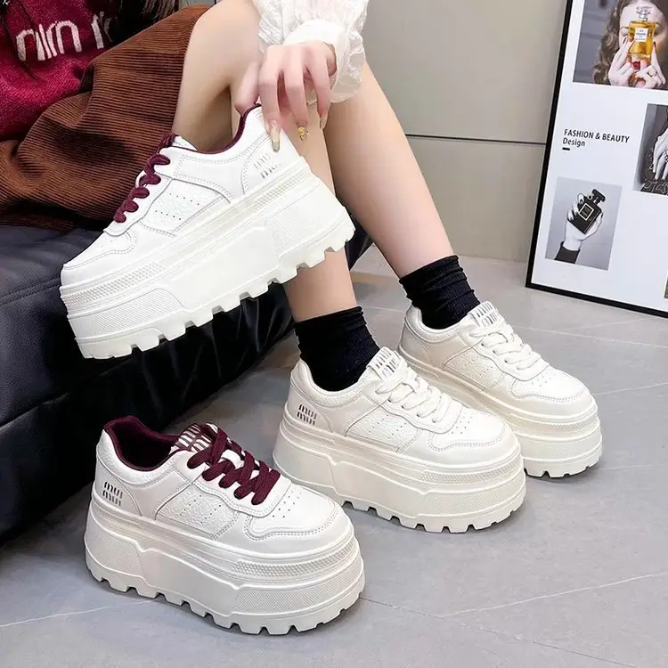 8cm Height-increasing Thick-soled Shoes Leather White Shoes Women's 2025 Spring New All-match Platform Shoes Casual Comfortable Board Shoes - Image 3