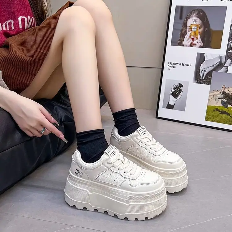 8cm Height-increasing Thick-soled Shoes Leather White Shoes Women's 2025 Spring New All-match Platform Shoes Casual Comfortable Board Shoes - Image 5