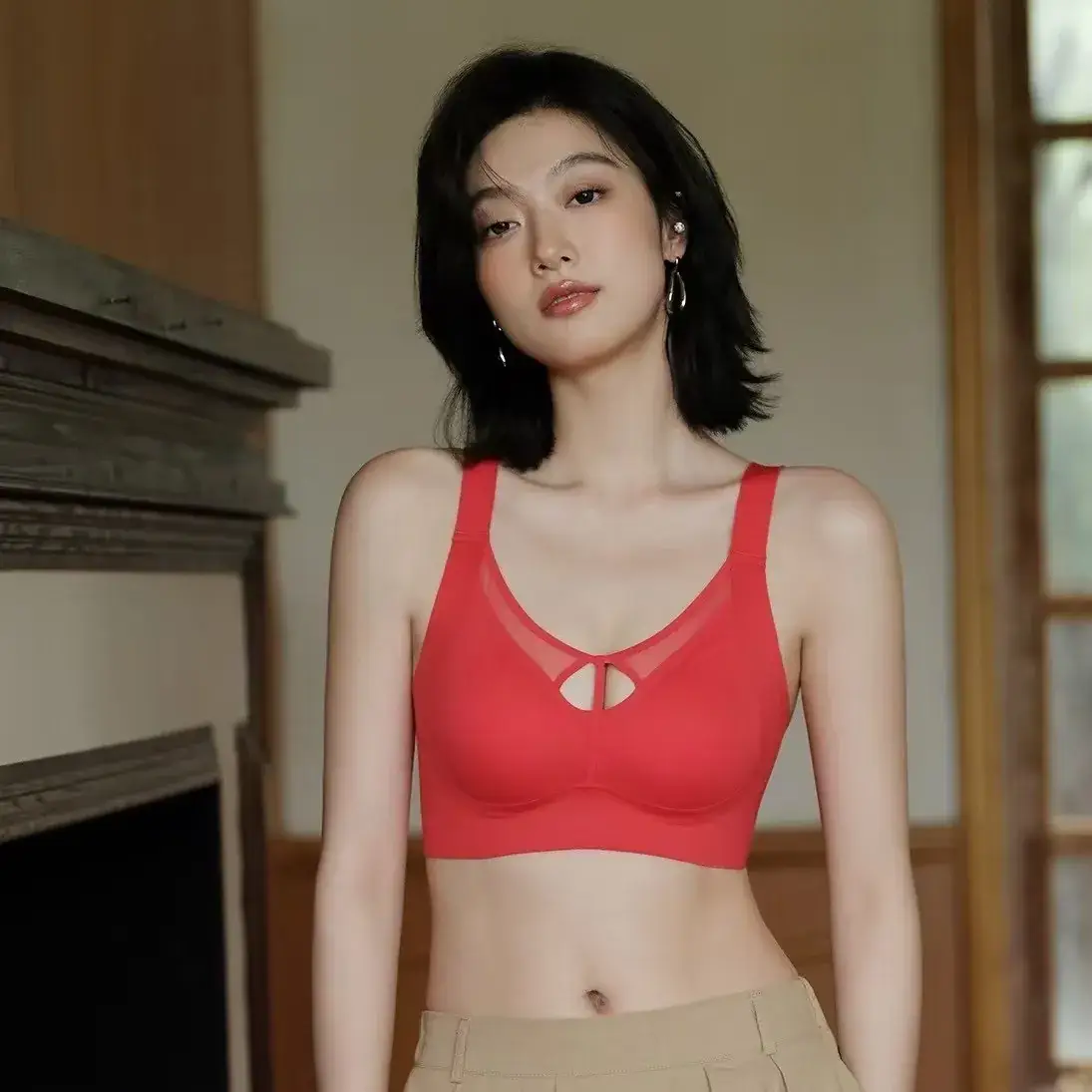 Red Wide Shoulder Cross Cut Out Tube Top Bra with Water Drop Cup - Image 7