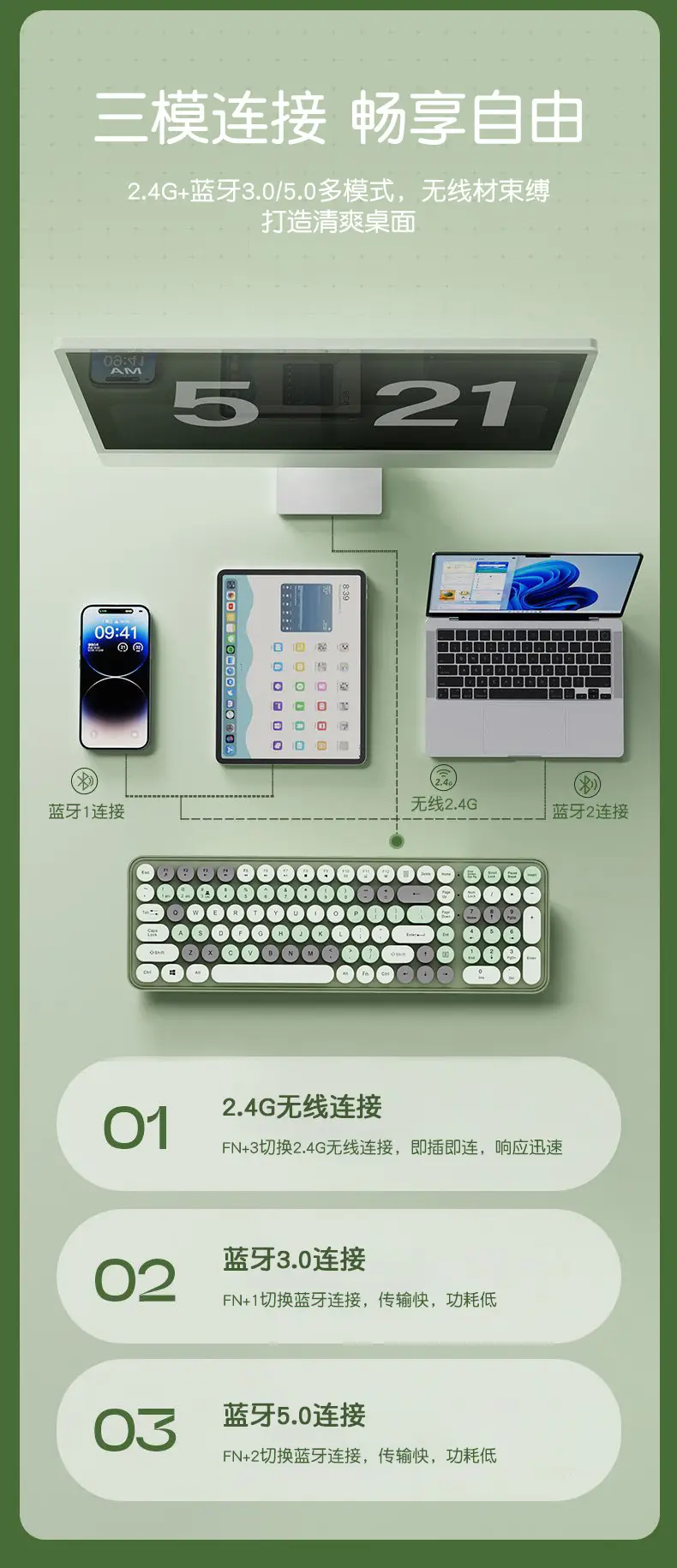 Wireless Keyboard Mechanical Feel Mute Computer Bluetooth Charging High Color Value Female Office Punk Mouse suit — feature 5