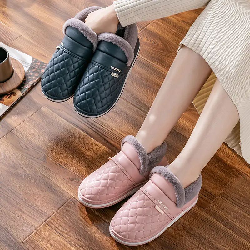 pu leather waterproof cotton slippers men's bag with warm fleece-lined thickened home winter elderly non-slip cotton shoes - Image 5