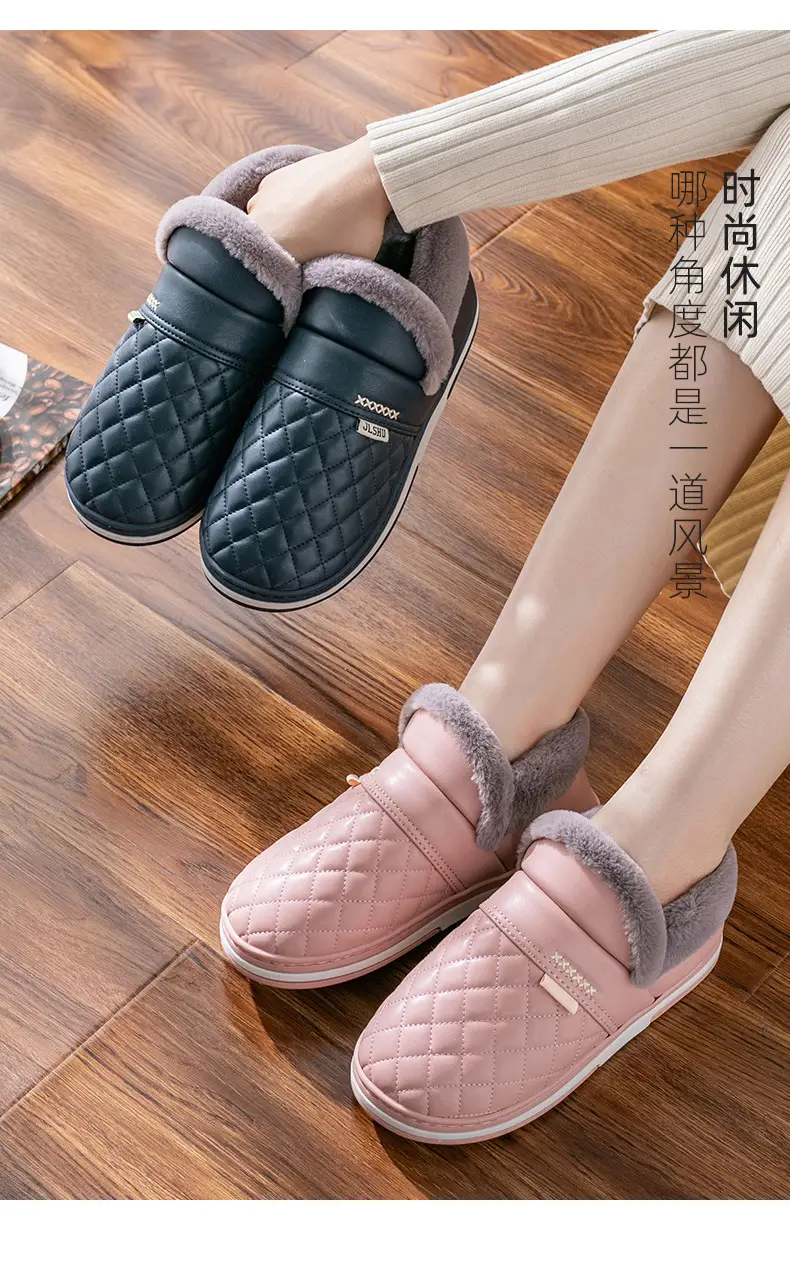 pu leather waterproof cotton slippers men's bag with warm fleece-lined thickened home winter elderly non-slip cotton shoes — feature 11