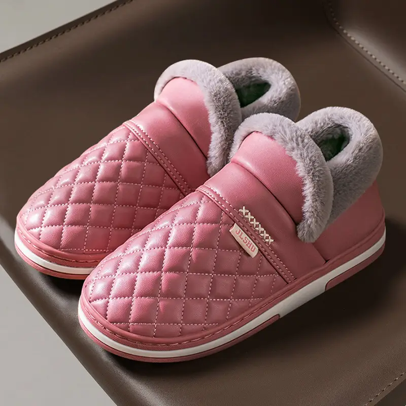 pu leather waterproof cotton slippers men's bag with warm fleece-lined thickened home winter elderly non-slip cotton shoes - Image 3