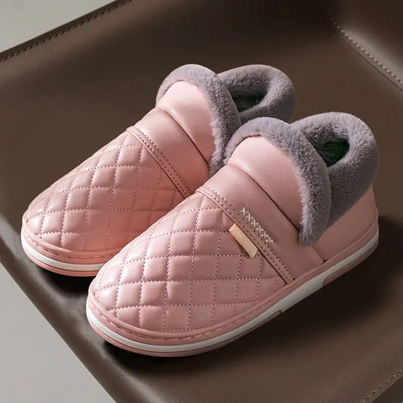 pu leather waterproof cotton slippers men's bag with warm fleece-lined thickened home winter elderly non-slip cotton shoes - Image 4