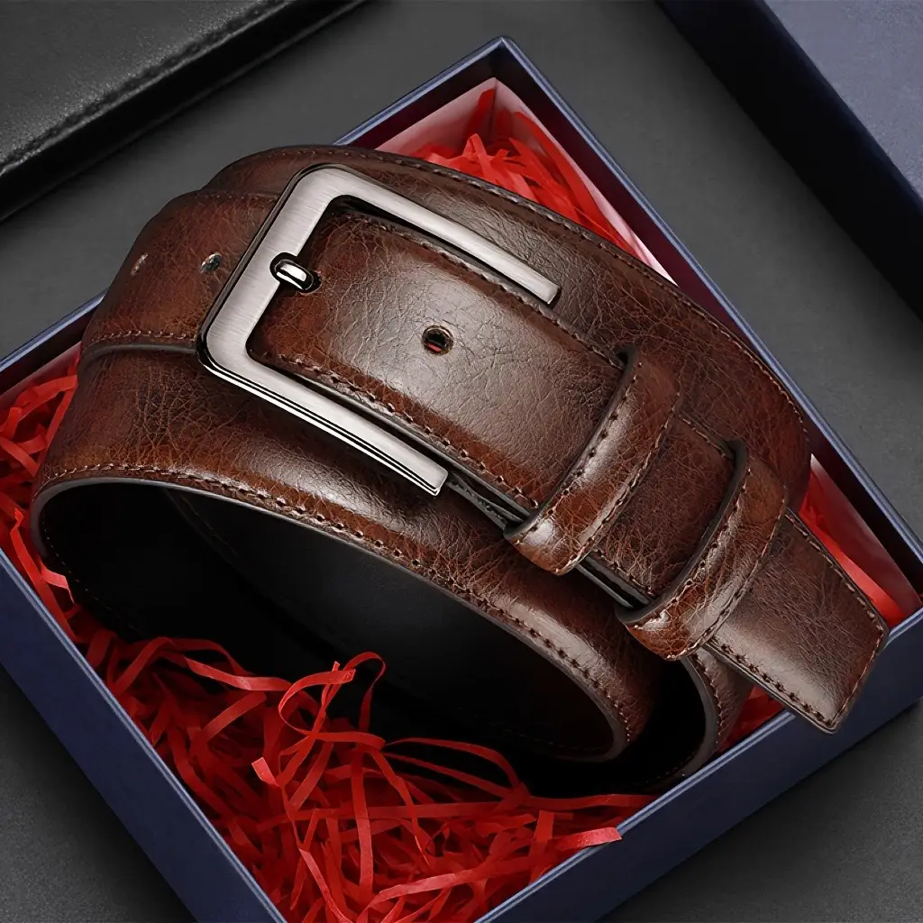 Men's Brown Leather Belt with Silver Pin Buckle — feature 2