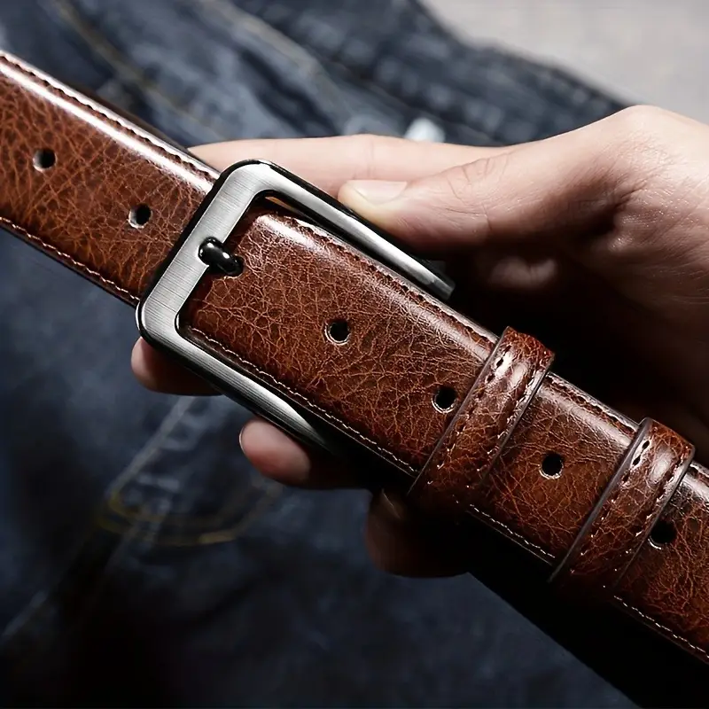 Men's Brown Leather Belt with Silver Pin Buckle — feature 4