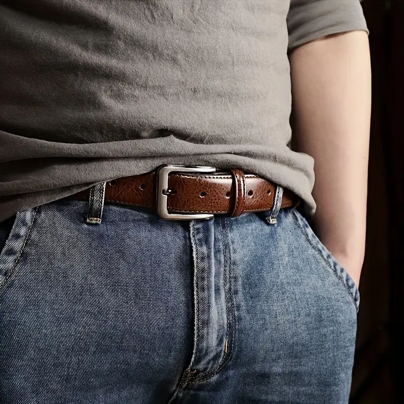 Men's Brown Leather Belt with Silver Pin Buckle — feature 6