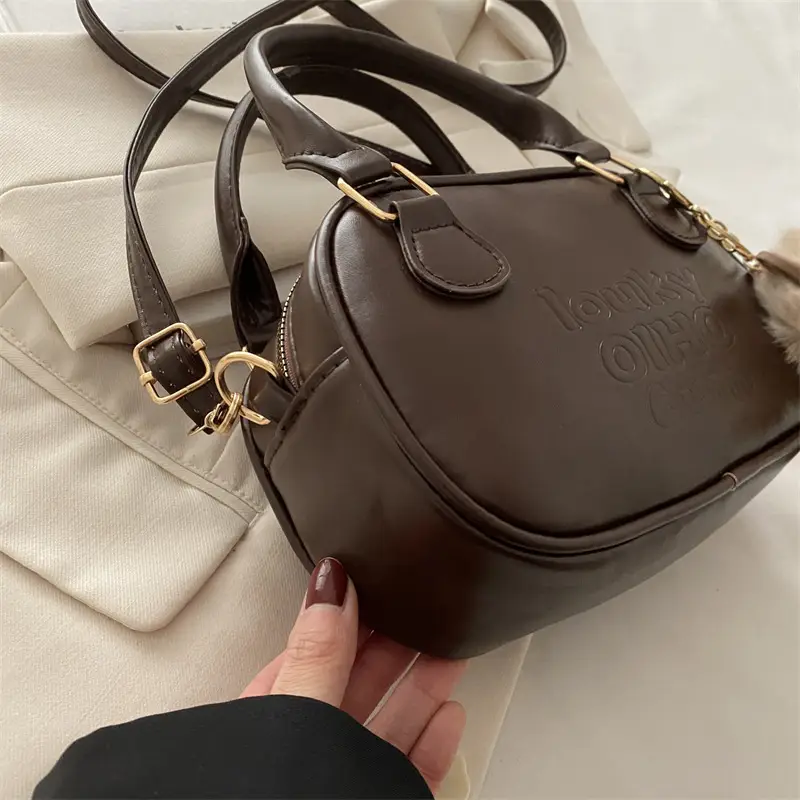 Retro Brown Leather Shoulder Bag with Gold Zip - Image 9