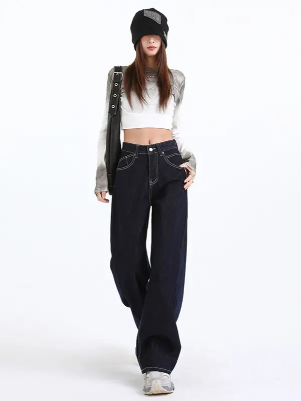 Women Dark Blue Wide Leg Jeans Spring High Waist Slimming