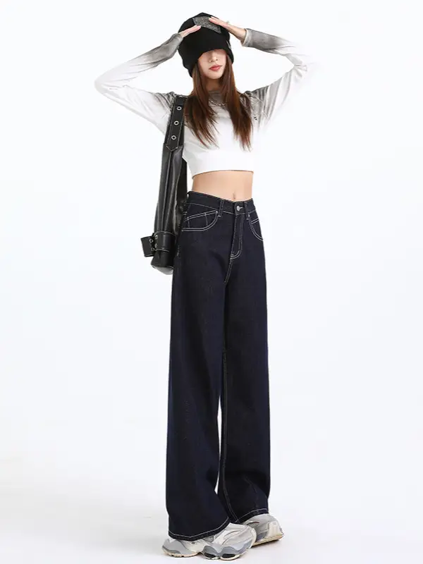 Women Dark Blue Wide Leg Jeans Spring High Waist Slimming