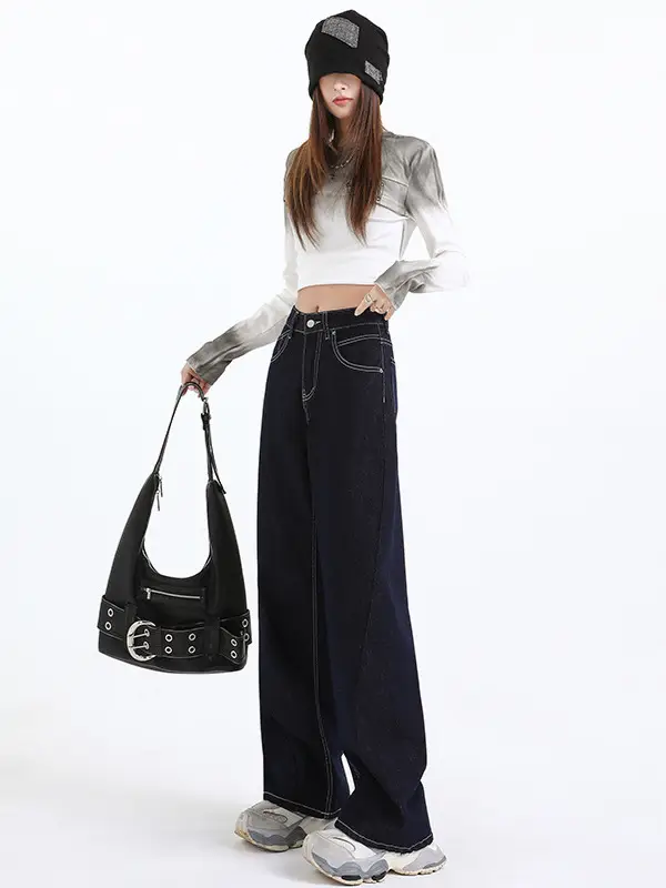 Women Dark Blue Wide Leg Jeans Spring High Waist Slimming