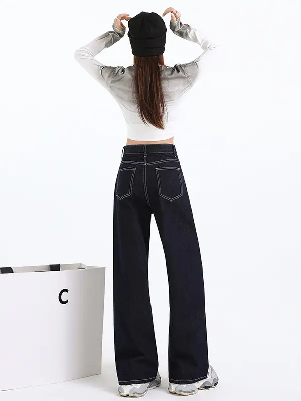Women Dark Blue Wide Leg Jeans Spring High Waist Slimming