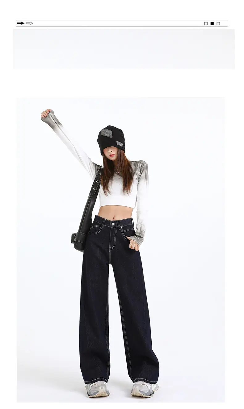 Women Dark Blue Wide Leg Jeans Spring High Waist Slimming — feature 10