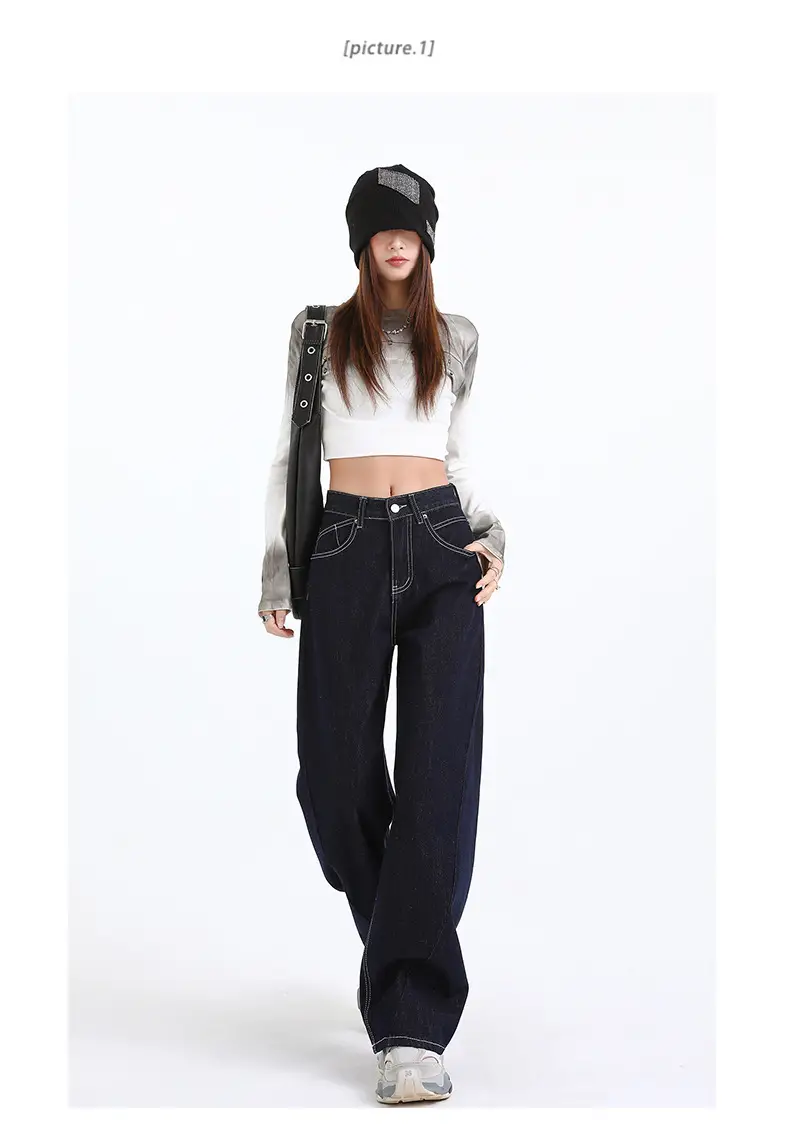 Women Dark Blue Wide Leg Jeans Spring High Waist Slimming — feature 11