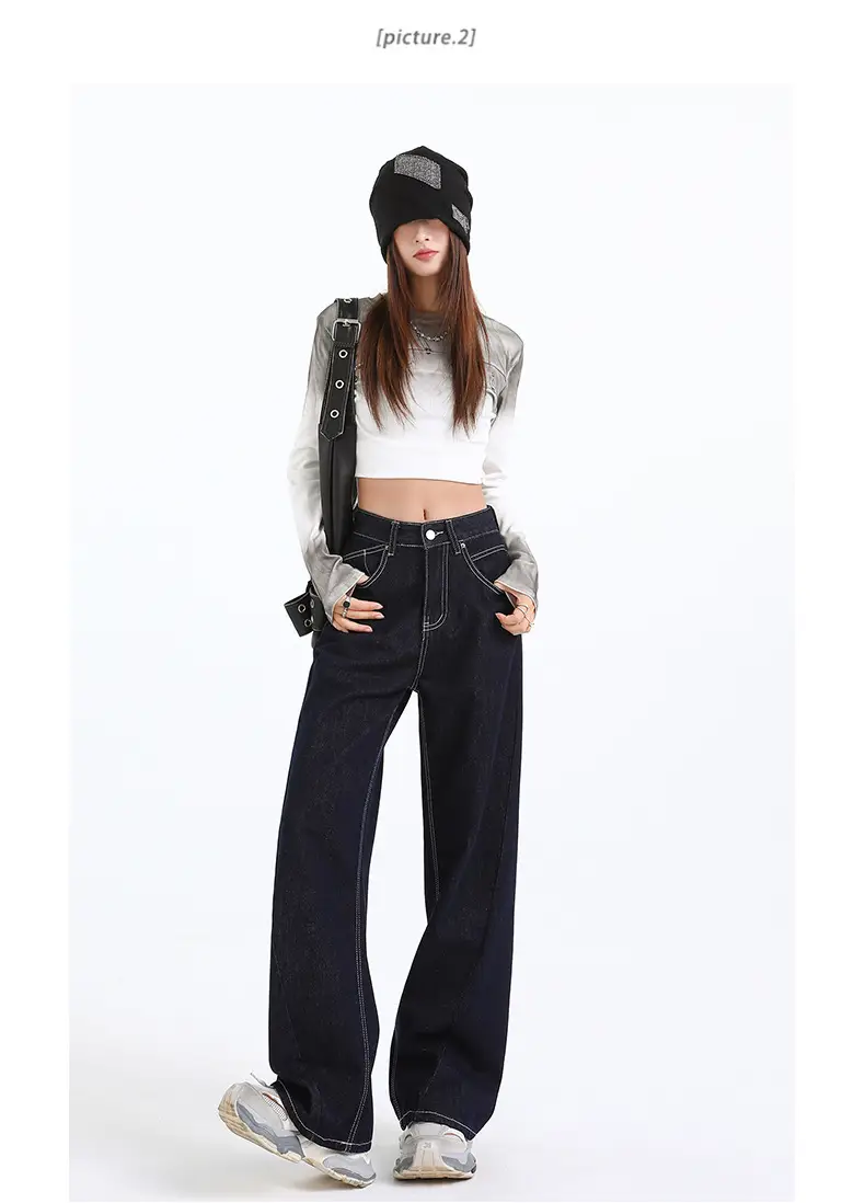 Women Dark Blue Wide Leg Jeans Spring High Waist Slimming — feature 12